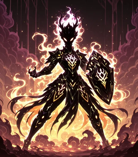 <lora:Shadows_v3_Buns:0.75> sh4d0wv3, black silhouette, solo, colorful aura, Dragon Herald, scale-covered armor, dragon sigil shield, fiery mountain backdrop, commanding stance, masterpiece, best quality, amazing quality