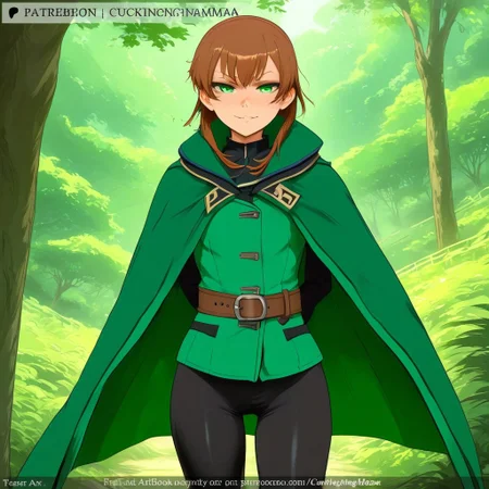 score_9, score_8_up, score_7_up, source_anime, solo, 1girl, marci, expressionless, looking at viewer, standing, ponytail, jacket, brooch, green cape, vambraces, black leggings, belt, outdoors, jungle,hand,negativeXL_D