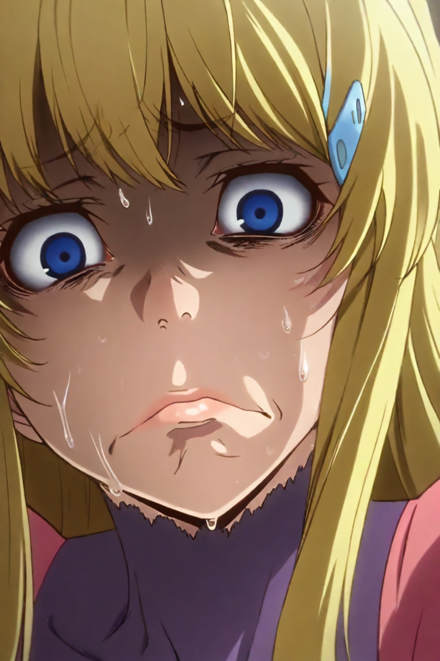 fuurinji miu, blonde hair, long hair, blue eyes, mole under right eyes, slim waist, large breast, pink jacket, purple bodysuit, hairclip, 1girl, solo, alone,  <lora:kakegurui_face_illustriousXL-000009:1>, kakegurui_face_expression, sweat, close-up, panic, masterpiece, highres