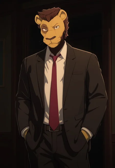 masterpiece, best quality, amazing quality, very aesthetic, absurdres, newest,  high quality, detailed, male, solo male, Jinma, 1boy, mature male, male, athletic build, anthro, lion, tan fur, brown hair, animal ears, dark spot over right eye, white collared shirt, black suit, red tie, standing, indoors, looking at viewer, hands in pockets, volumetric lighting, office