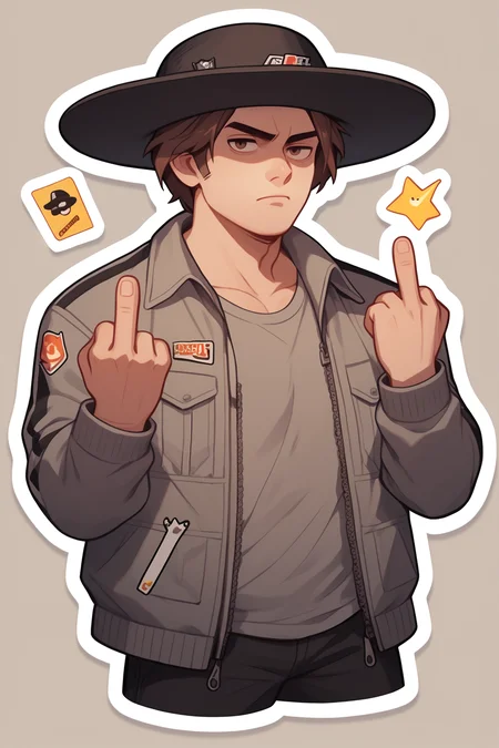 PonyXLV6_Scores, solo, male focus, 1boy, hat, middle finger, jacket, brown hair, grey shirt, shirt, outline, sticker, <lora:NijiEmotePDXL:1>