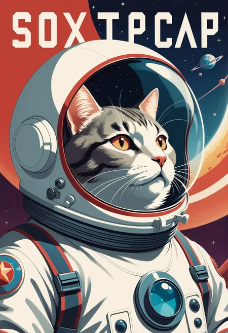 (soviet propoganda poster:1.4) soviet color theme, angled profile, looking up, cyrillic text, soviet retrofuturistic (fat cat:1.2) in space suit