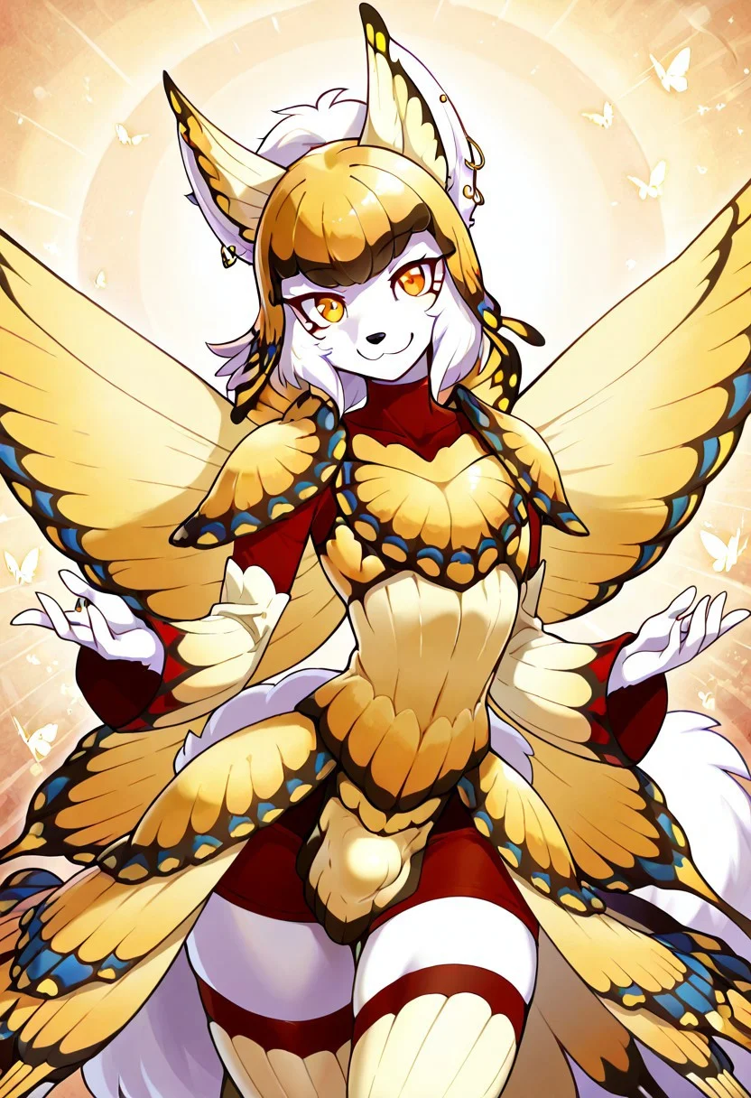 masterpiece, best quality, amazing quality, very aesthetic, high resolution, ultra-detailed, absurdres, newest, rating_sfw, 1femboy, etheras, fennec fox, fox, true fox, canid, canine, black nose, ear piercing, ear ring, femboy, fluffy, fluffy tail, fur, jewelry, orange eyes, piercing, ring piercing, tail, white fur, white body, solo, furry, anthro, bulge, flat chest, anime screencap, <lora:butterfly-armor-illustriousxl-lora-nochekaiser:1>, butterfly armor, armor, bodysuit, butterfly (armor), butterfly wings, gradient, helmet, insect wings, thighhighs, turtleneck, winged helmet, wings, yellow wings, zettai ryouiki,, <lora:dynamic-pose-illustriousxl-lora-nochekaiser:1>, dynamic pose, midair, cowboy shot, smile, , ,