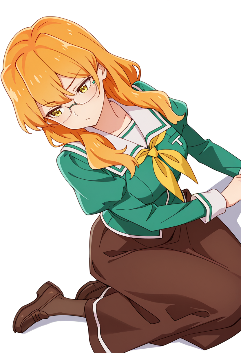 masterpiece,high quality details,absurdres, 
 <lora:Chibana_Sumika:0.8>
sumika_cnr, 1girl, orange hair, long hair,blonde hair, yellow eyes,
sumika_s1,green shirt, white sailor collar, serafuku,long skirt, brown skirt, juliet sleeves,pantyhose, loafers, glasses,, simple background, white background, sideways,solo,, :c,