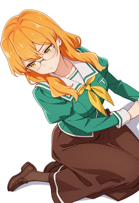 masterpiece,high quality details,absurdres, 
 <lora:Chibana_Sumika:0.8>
sumika_cnr, 1girl, orange hair, long hair,blonde hair, yellow eyes,
sumika_s1,green shirt, white sailor collar, serafuku,long skirt, brown skirt, juliet sleeves,pantyhose, loafers, glasses,, simple background, white background, sideways,solo,, :c,