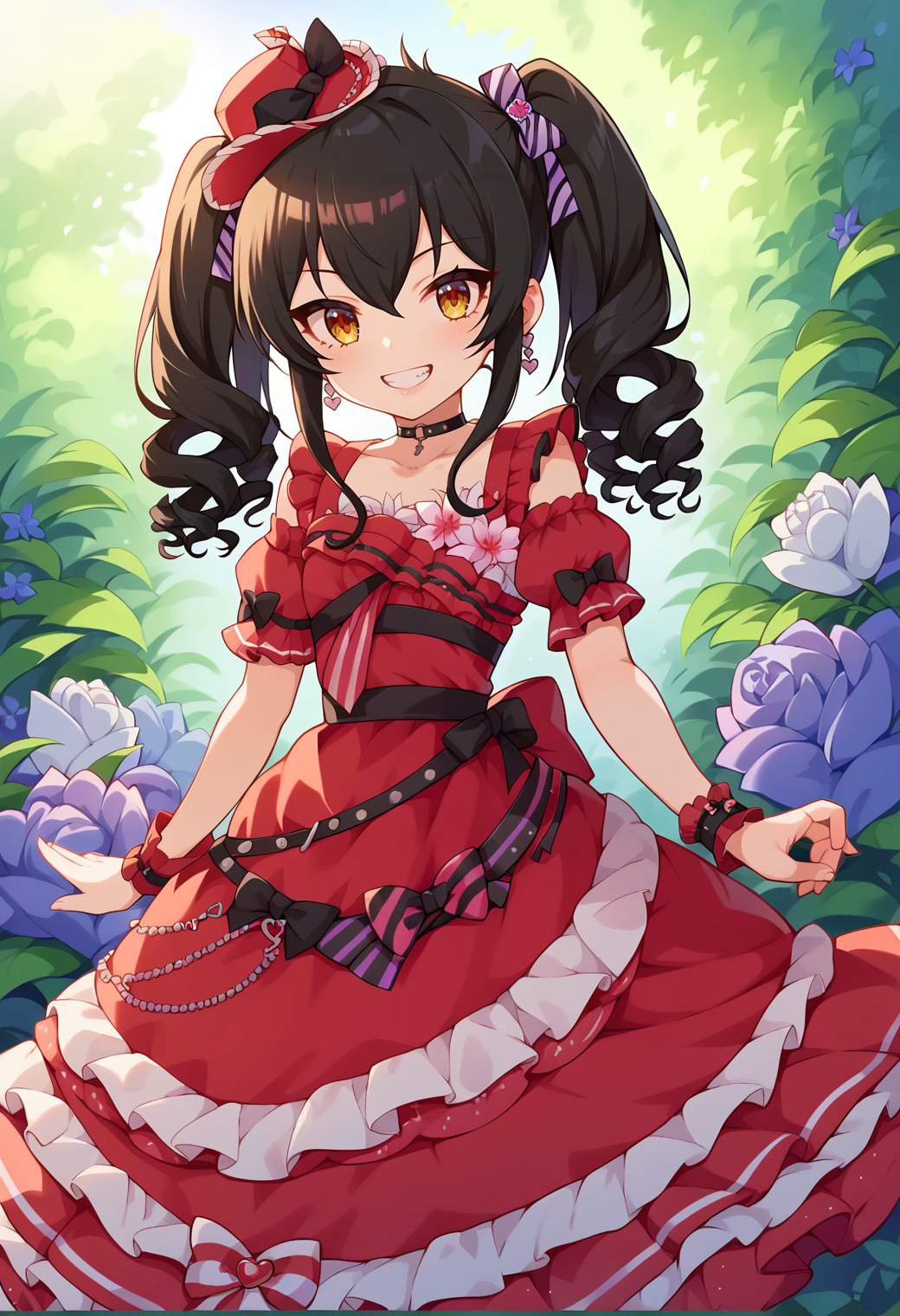 score_9, score_7_up, hd, (ultra hd quality details), source_anime,
solo, 1girl, risamasbase, black hair, twintails,
loveldyblosdress, drill hair, hair bow, red headwear, mini hat, choker, striped, red dress, short sleeves, detached sleeves, wrist cuffs, puffy sleeves, frilled dress, flower,
looking at viewer, smile, teeth,
standing, dutch angle,
<lora:_risa_matoba-elesico-pony:0.9>