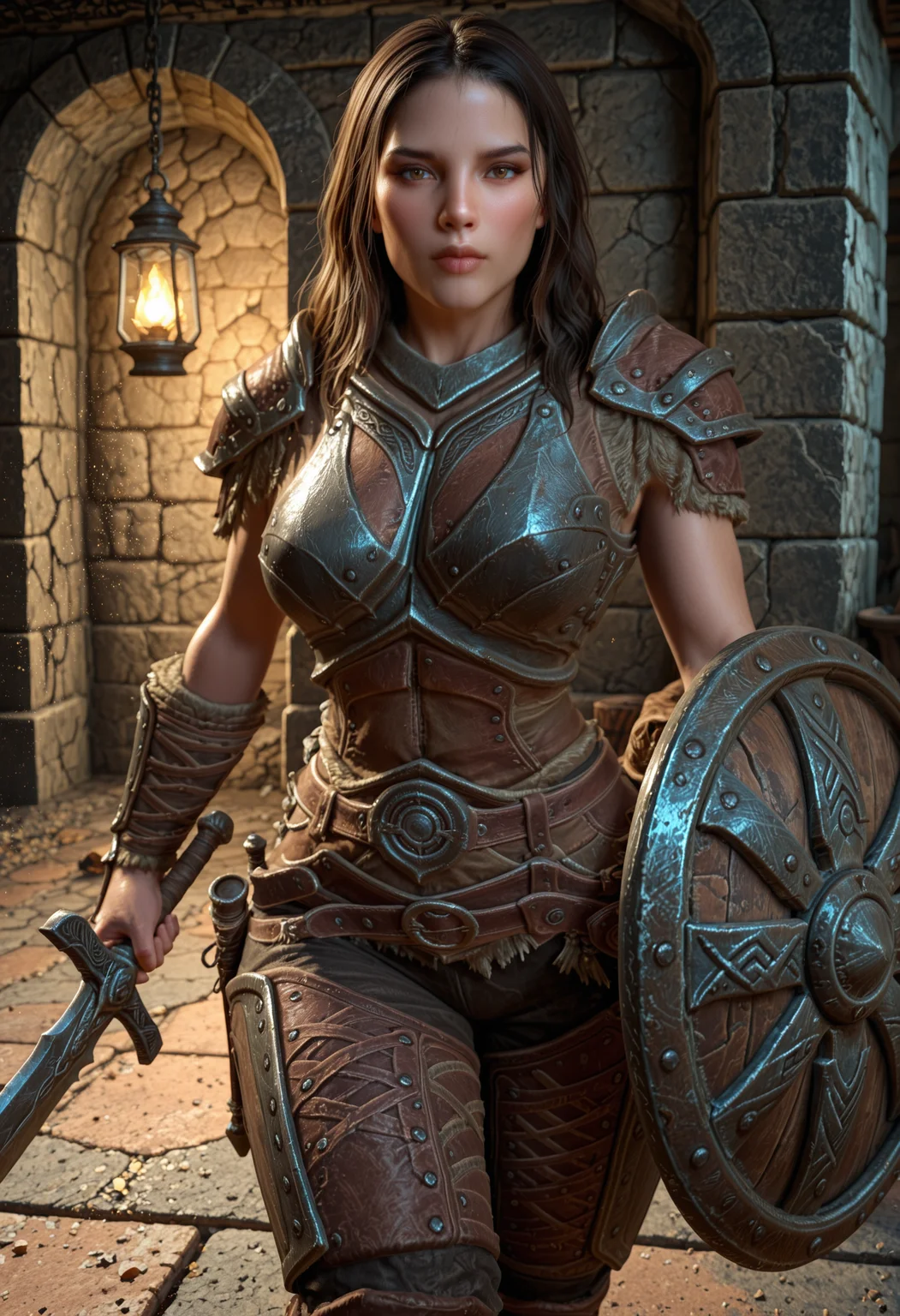 best quality, masterpiece, absurdres, newest, cartoon, looking at viewer, (official style:1.1),
 <lora:skyrim-lydia-rt:0.8> 1girl, xlydiax, the elder scrolls v: skyrim, solo, black hair, armor, long hair, lips, brown hair, breastplate, shoulder armor, pauldrons, sword, looking at viewer, realistic, holding weapon, shield, belt, big hips, big bust, cowboy shot, fighting stance, boots, full body, ((raised shield, raised sword)),
dungeon scenery, crypt scenery, glowing lantern, 
 <lora:aidmaFLuxPro1.1_v0.3_IL:0.6> aidmafluxpro1.1 
<lora:spo_sdxl_10ep_4k-data_lora_webui:1>