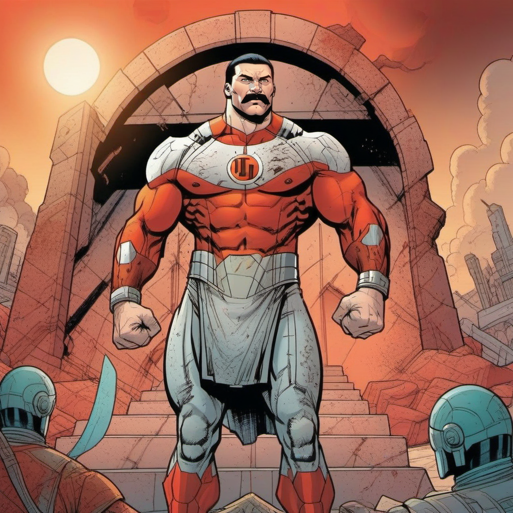 comic a (((full body portrait)))  muscular man with a moustache in a white and red bodysuit, lion head, standing in a spaceship <lora:Thragg1024:0.8> . graphic illustration, comic art, graphic novel art, vibrant, highly detailed