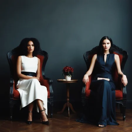 Dark Fantasy Art of <lora:Film Stock Footage Style:1>
Medium shot of a woman sitting in a chair while another two women stands behind her Fujifilm Eterna Film Stock Footage Style, dark, moody, dark fantasy style