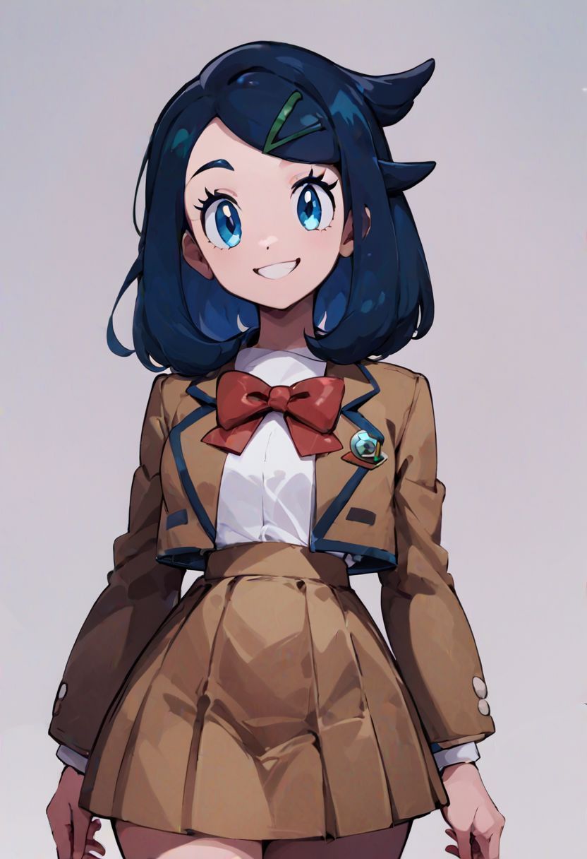 score_9, score_8_up, score_8, medium breasts, 
(curvy), cute, eyelashes, 
liko \(pokemon\),
blue hair, hair clip, brown skirt, white shirt, red bow, school uniform, brown jacket, smile, looking at viewer, cowboy shot, contrapposoto,