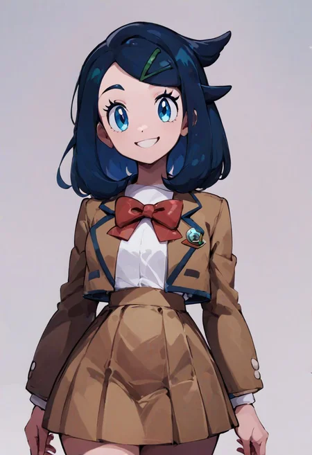 score_9, score_8_up, score_8, medium breasts,
(curvy), cute, eyelashes,
liko \(pokemon\),
blue hair, hair clip, brown skirt, white shirt, red bow, school uniform, brown jacket, smile, looking at viewer, cowboy shot, contrapposoto,
