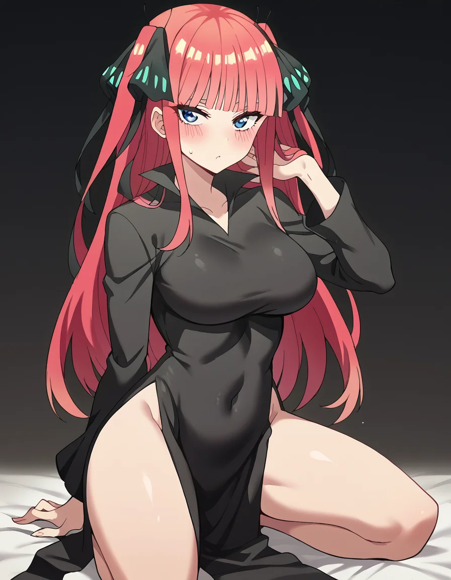 score_9, score_8_up, score_7_up, source_anime, <lora:nnakano-s2-ponyxl-lora-nochekaiser:1>, long hair, bangs, blue eyes, hair ornament, hair ribbon, pink hair, blunt bangs, two side up, butterfly hair ornament, large breasts,, <lora:tatsumaki-cosplay-ponyxl-lora-nochekaiser:1>, tatsumaki cosplay, tatsumaki (cosplay), cosplay, dress, black dress, covered navel, long sleeves, pelvic curtain, side slit,, blush, squatting, hand behind head, sitting, from side,, cowboy shot, looking at viewer,