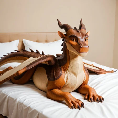 score_9, score_8_up, score_7_up, score_6_up, score_5_up, score_4_up, masterpiece, high quality, realistic, detailed, best quality, white bed, solo, rating_safe, source_furry, bedroom, smiling, happy, detailed eyes, detailed face, (looking at viewer), lying on belly, Mudwing_wof, brown scales, squarish face, darker colored snout, tan underbelly, dragon, horns, claws, wings, tail, Clay_wof, 1boy, male, brown eyes, brown horns, feral