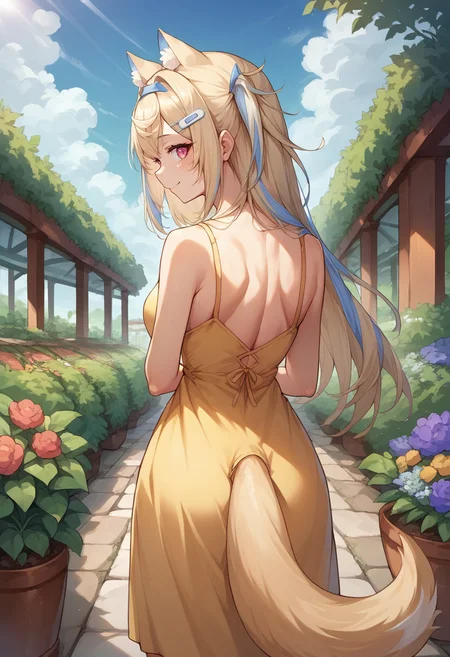 score_9, score_8_up, source_anime, 1girl, solo, FuwawaAbyssgard, long hair, two side up, streaked hair, hairband, hairclip, tail, from behind, yellow sundress, garden, day, sunshine, smile, looking back, <lora:ChamFuwawaAbyssgardPonyXL:1>