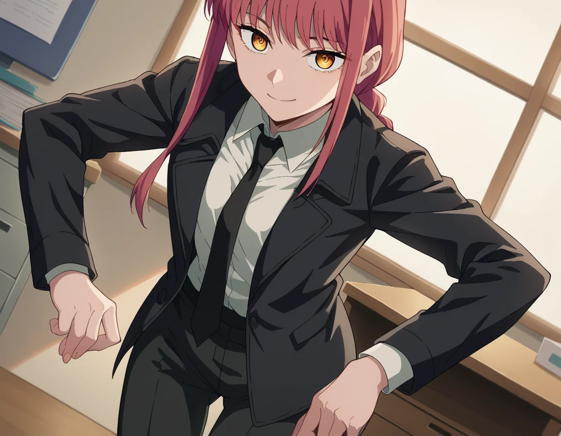 score_9, score_8_up, score_7_up, source_anime,
makima, <lora:chainsaw-man-makima-s1-ponyxl-lora-nochekaiser:1>
makima, long hair, smile, bangs, yellow eyes, braid, red hair, braided ponytail, ringed eyes,
shirt, long sleeves, jacket, white shirt, necktie, collared shirt, pants, black jacket, black pants, formal, suit, black necktie, shirt tucked in, office lady,
indoors, office, bent over, smile,
looking at viewer, cowboy shot, dutch angle,