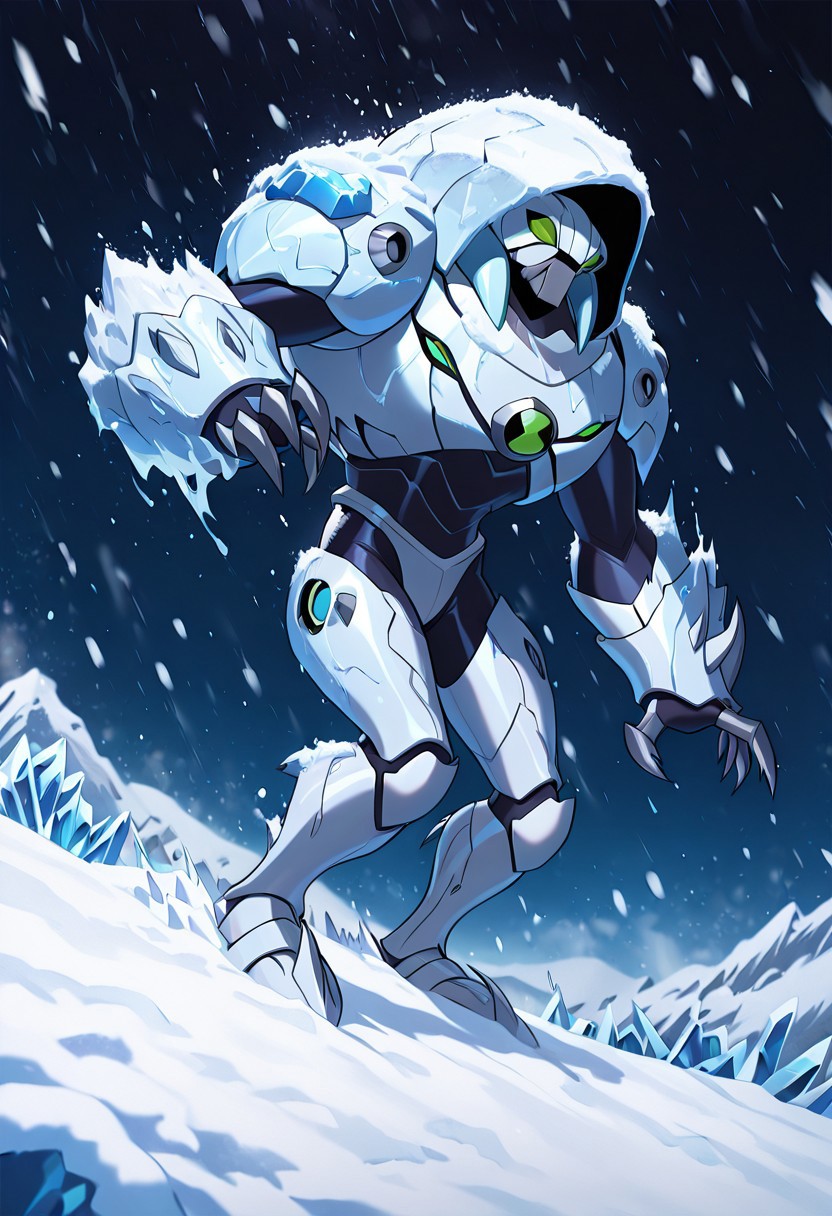 masterpiece, best quality, amazing quality, very aesthetic, absurdres, newest,, detailed background, 
waterhazard, solo, white armor, white hood up, , helmet, blue mecha, alien, claws, green eyes, 1boy, 
snowstorm, snow village, freezing, ice crystals forming on armor, frozen armor,