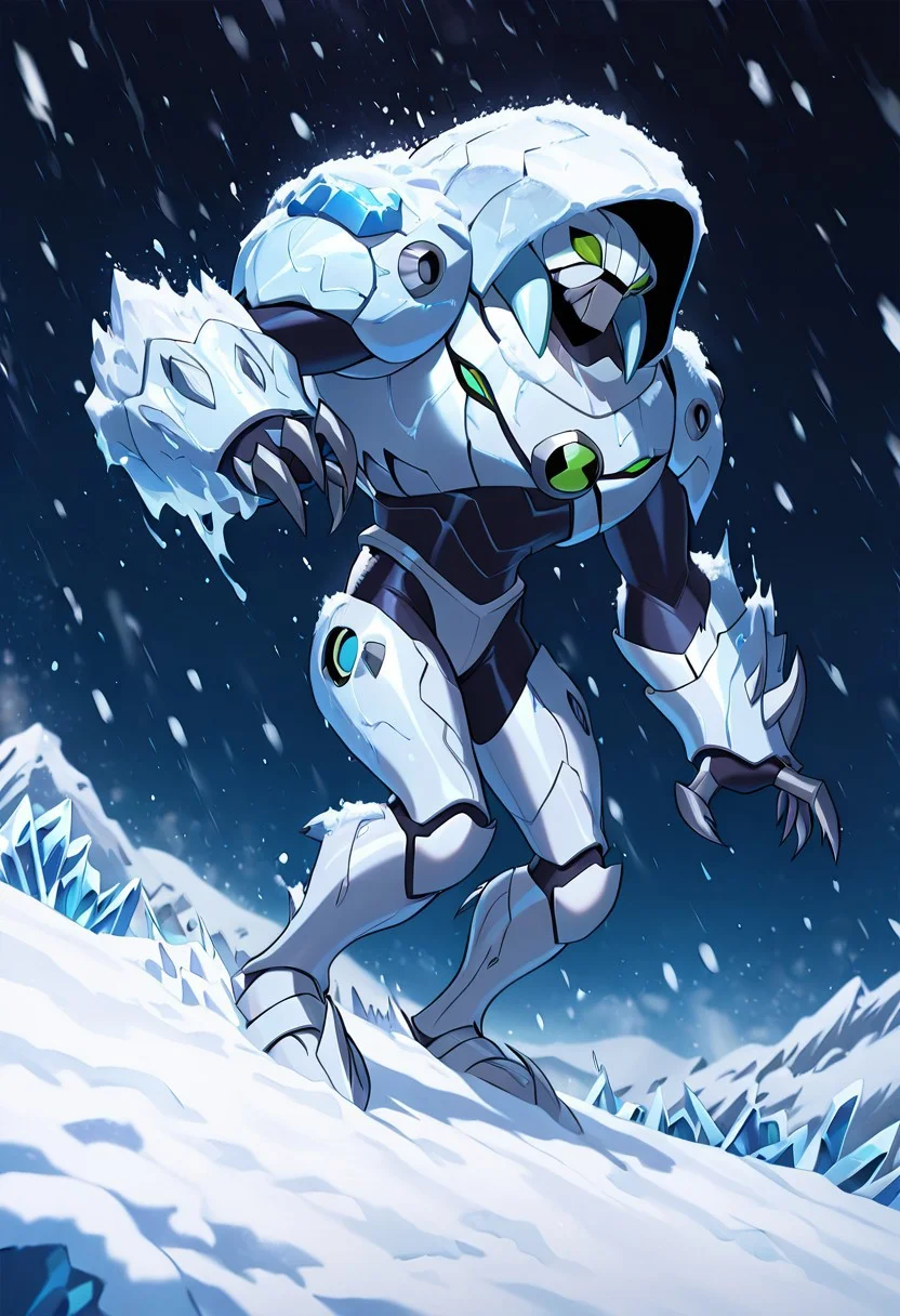 masterpiece, best quality, amazing quality, very aesthetic, absurdres, newest,, detailed background,
waterhazard, solo, white armor, white hood up, , helmet, blue mecha, alien, claws, green eyes, 1boy,
snowstorm, snow village, freezing, ice crystals forming on armor, frozen armor,