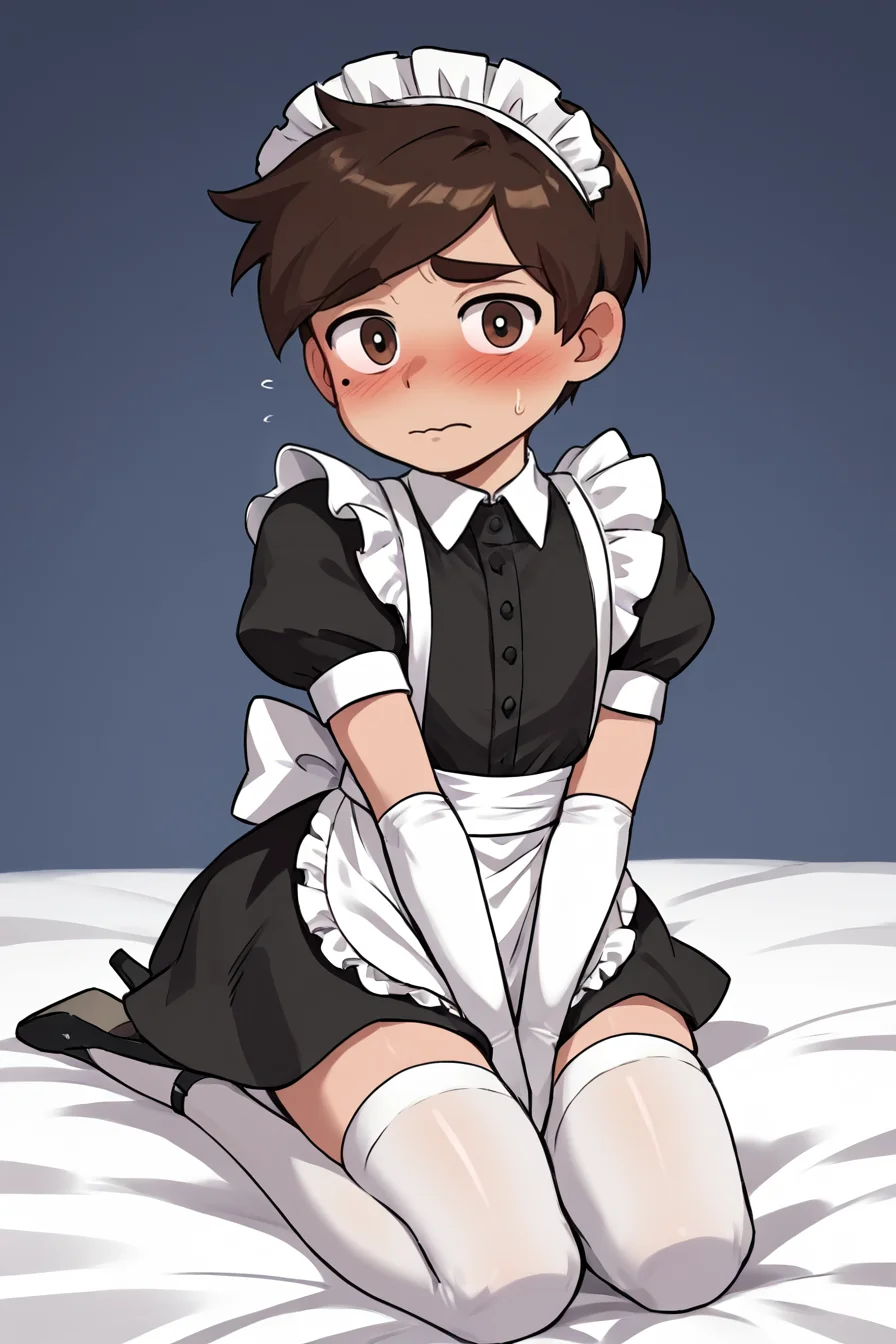 score 6 up,score 7 up, score 8 up,score 9,blush,short sleeves,looking at viewer, <lora:marco_diaz:0.7>,marco diaz,brown hair,mole under left eye,short hair,solo,thick eyebrows,<lora:Lucyla_Art_Style:0.4>,male focus,maid headdress,maid uniform,,embarrassed,black heels,white elbow gloves, white stockings