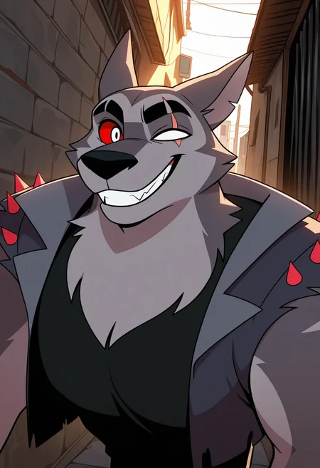 MASTERPIECE, AMAZING QUALITY, 1BOY, TEX, FURRY, SINGLE WHITE EYE, SILVER EYE, RED SCLERA, EYE SCAR, GREY FUR, SPIKED VEST, SHIRT, GRIN, ALLEY