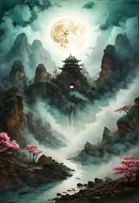 (Ink illustration on parchment, watercolor, novuschroma60 style bokeh, ink splashes, Ukiyo-E). ((watercolor)), ((Chinese landscape)), Pagodas, Red-Trees, landscape focus, small figure off-side, Japanese landscape, Rivers, Lake, Clouds, with watercolor washes, (((sakura forest landscape))), (((mist, waterfalls))), ((pink trees, sakura trees, vivid pink treetops)), (((full moon, moonbeams))), (((endless sakura forests that stretch outward to the horizon))), dotted with the ruins of an ancient destroyed civilization, crumbling stone, degraded buildings and temple, a long magical aurora borealis stretching across the sky, a broken moon high in the sky partially turned into an asteroid belt, a Saturn-like ringed-planet world, flickers of magical energy illuminating the land, in the far distance a giant wall of smoke is rising from the shattered earth in which a multitude of faces are forming and screaming, Ink splashes, rough ink sketch, Ghibli style, high contrast, stylized, dark skin, close up on face, head and shoulder, leather medieval top with lowered hood, Art Nouveau Style, detailxl, BadDream, dioramas,