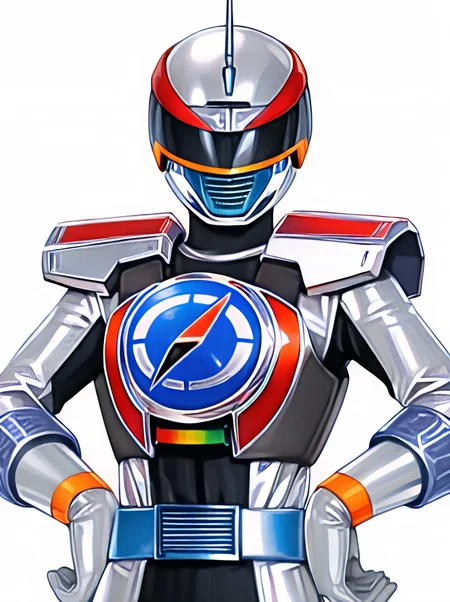 masterpiece, best quality, amazing quality, very aesthetic, absurdres, newest, anime screenshot, <lora:GoGo_Sentai_Boukenger_CharacterPack:1>tectosilver, robot, solo, tectsilv helmet, tectsilv armor, tectsilv bodysuit, tectsilv belt, tectsilv gloves, ,simple background, , white background, upper body, looking at viewer, hands on own hips,