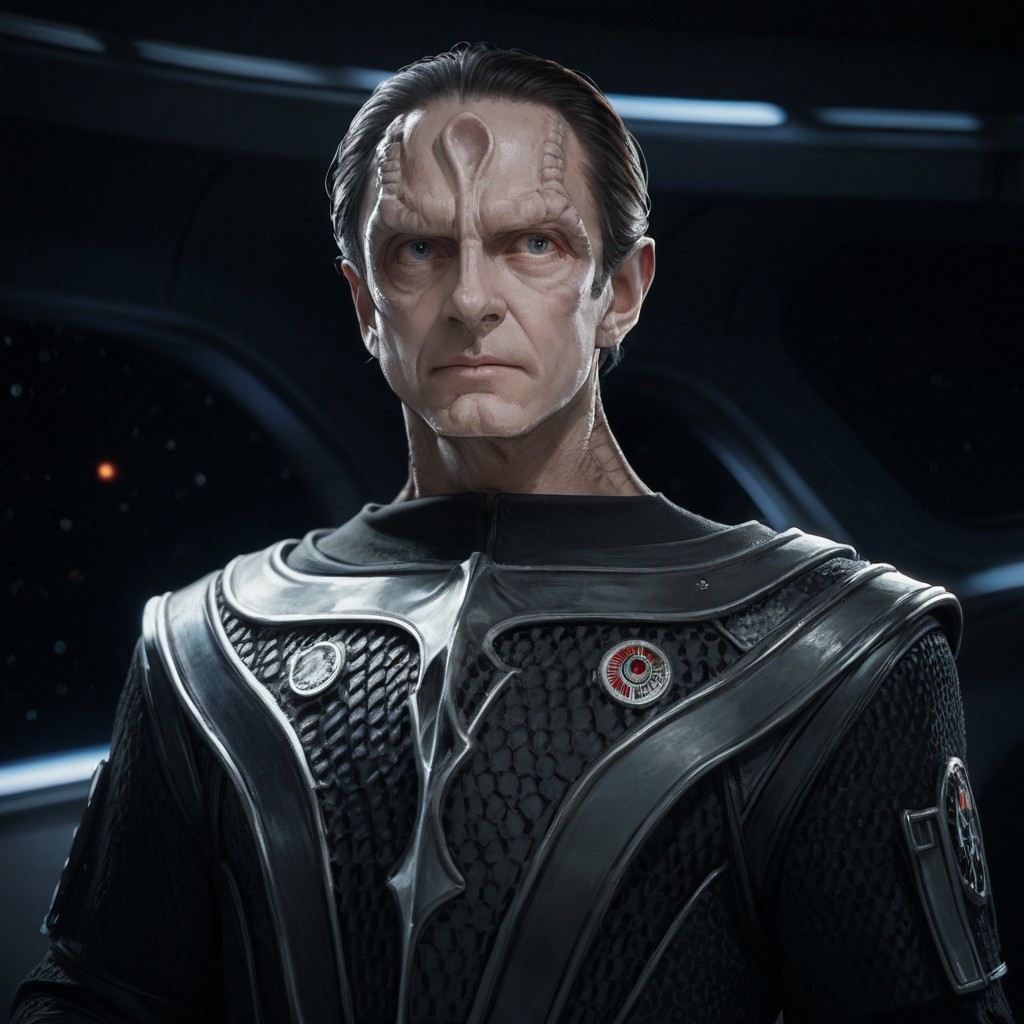 score_9, score_8_up, score_7_up, score_6_up, score_5_up, score_4_up, 1boy, Cardassian, solo, grey skin, black armor, space background
