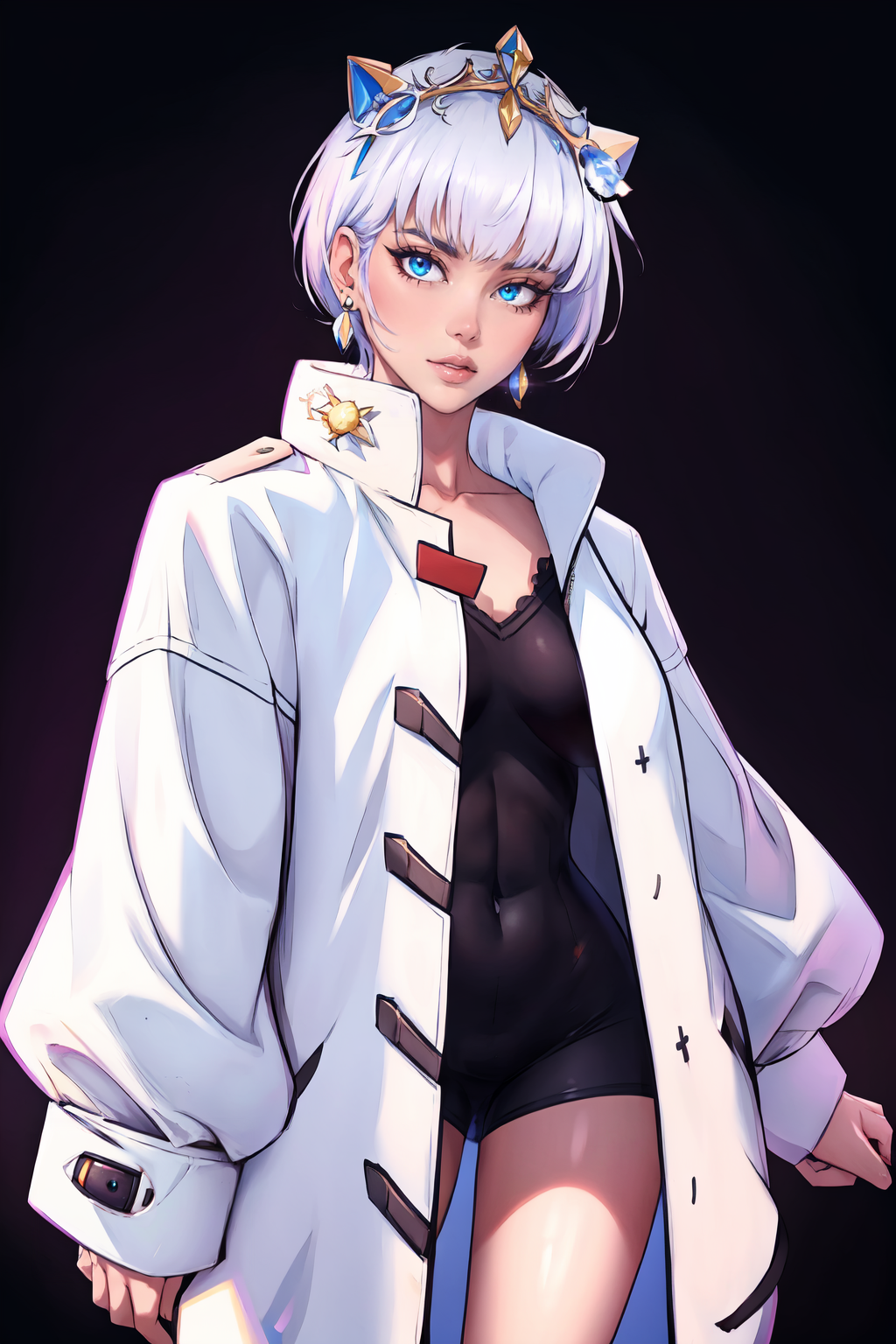 (masterpiece, best quality, absurdres, 4k, aesthetic, detailed, intricate),abstract background,1girl,,majoCleopatra,white hair,short hair,tiara, earrings,winter coat, <lora:majocleopatra-nvwls-v1:0.9>  <lora:Oversized Clothes 2_400740:2> oversized clothes