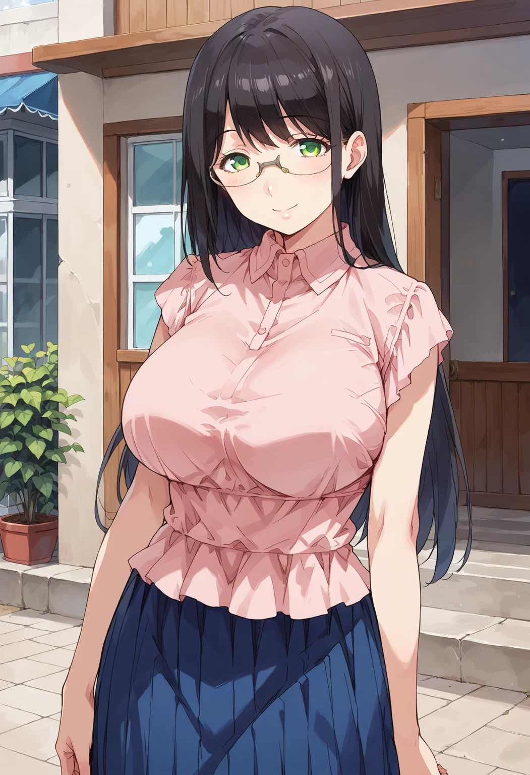 score_9, score_8_up, score_7_up, , source_anime, , hanyuyuzuki, 1girl, solo, perfect hands, rimless eyewear, black hair, green eyes, , long hair, smile, blue pleated skirt, collared blouse, huge breasts, looking at viewer, <lora:hanyu_yuzuki_pony3:1> long skirt, (cowboy shot:1.5), standing,swept bangs,mature female,