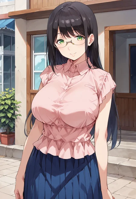 score_9, score_8_up, score_7_up, , source_anime, , hanyuyuzuki, 1girl, solo, perfect hands, rimless eyewear, black hair, green eyes, , long hair, smile, blue pleated skirt, collared blouse, huge breasts, looking at viewer, <lora:hanyu_yuzuki_pony3:1> long skirt, (cowboy shot:1.5), standing,swept bangs,mature female,