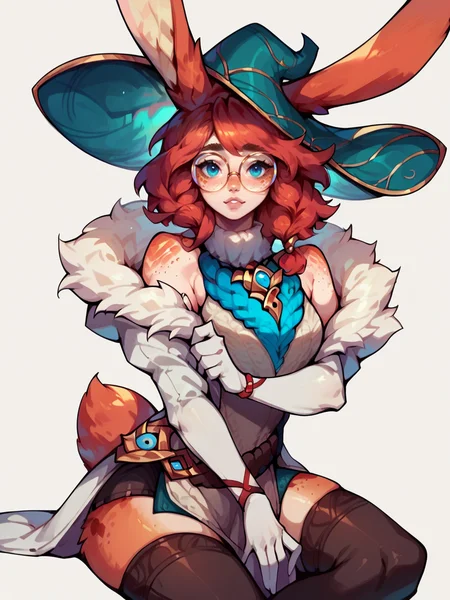 score_9, score_8_up, score_7_up, score_6_up, score_5_up, <lora:AuroraLOLXLP:1> auroralol, 1girl, solo, rabbit ears, round eyewear, blue eyes, freckles, hat, gloves, tail, thighhighs, red hair,