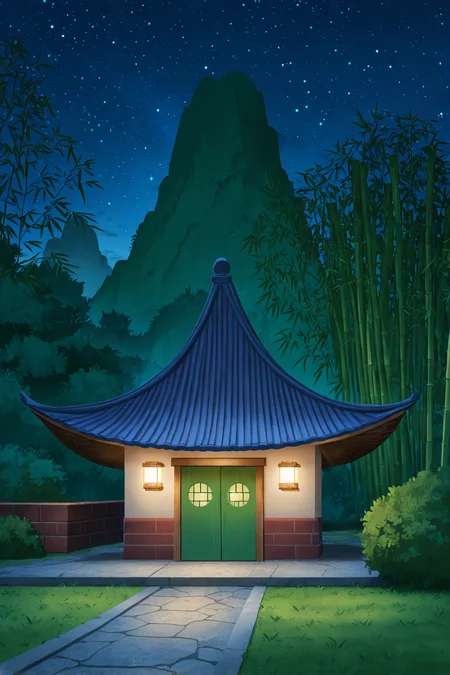 masterpiece, best quality, amazing quality, very aesthetic, high resolution, ultra-detailed, absurdres,grandpa house, east asian architecture, bamboo tree, green door, mount paozu, grass, thin mountain, night sky, bush,starry sky,scenery, no humans,bamboo,blue roof,brick,lights <lora:MountPaozuIllus:1>
