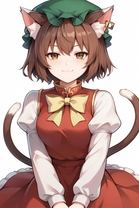 score_9, score_8_up, score_8, score_9, 1 girl,  source_anime, <lora:chen_pony-10:1>, chen, brown hair, brown eyes, cat ears, green hat, mob cap, two tails, red dress, juliet sleeves, frills,  <lora:merrytail_pony_v1-000012:0.8>, smug
