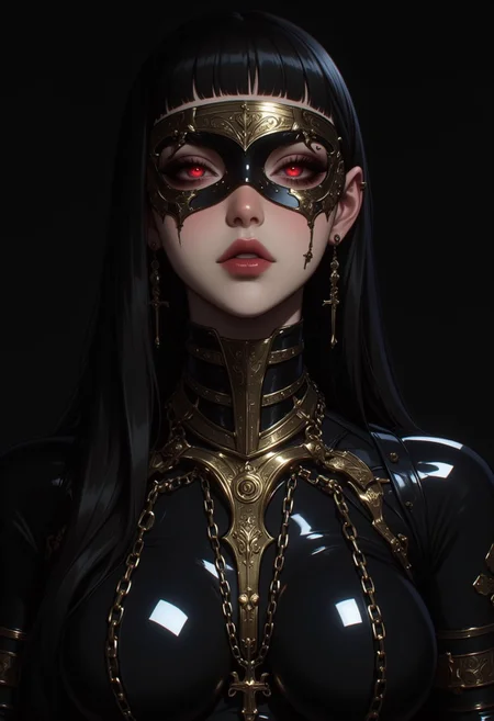 (HD, 8k, masterpiece artwork, illustration-fen, niji, gothic, erotic,) This is a highly detailed digital CGI artwork featuring a pale-skinned woman with long, straight obsidian-black hair and sharp bangs framing her delicate yet intense features. She wears an elaborate, futuristic black and gold mask adorned with intricate filigree patterns and cybernetic engravings, seamlessly blending gothic and sci-fi aesthetics. The mask’s glowing crimson eyes pulse with an eerie intensity, while a segmented metallic plate conceals her mouth, adding an enigmatic, machine-like presence. Her piercing gaze is accentuated with dark red eyeshadow, sharp winged eyeliner, and a subtle sheen on her flawless, porcelain-like skin.
She is adorned with multiple gold chains draped across her neck and shoulders, exuding a regal, cyberpunk mystique. Gold-plated ear cuffs and delicate metallic embellishments trace her jawline, enhancing her futuristic allure. Her attire features a high-collared, form-fitting black bodysuit with gold circuit-like patterns running along the fabric, reflecting the dim light. The background is a deep, solid black, intensifying the contrast against her luminous skin and intricate accessories. The hyper-polished rendering captures every reflective surface, blending dark elegance with advanced cybernetics in a mesmerizing, otherworldly composition.