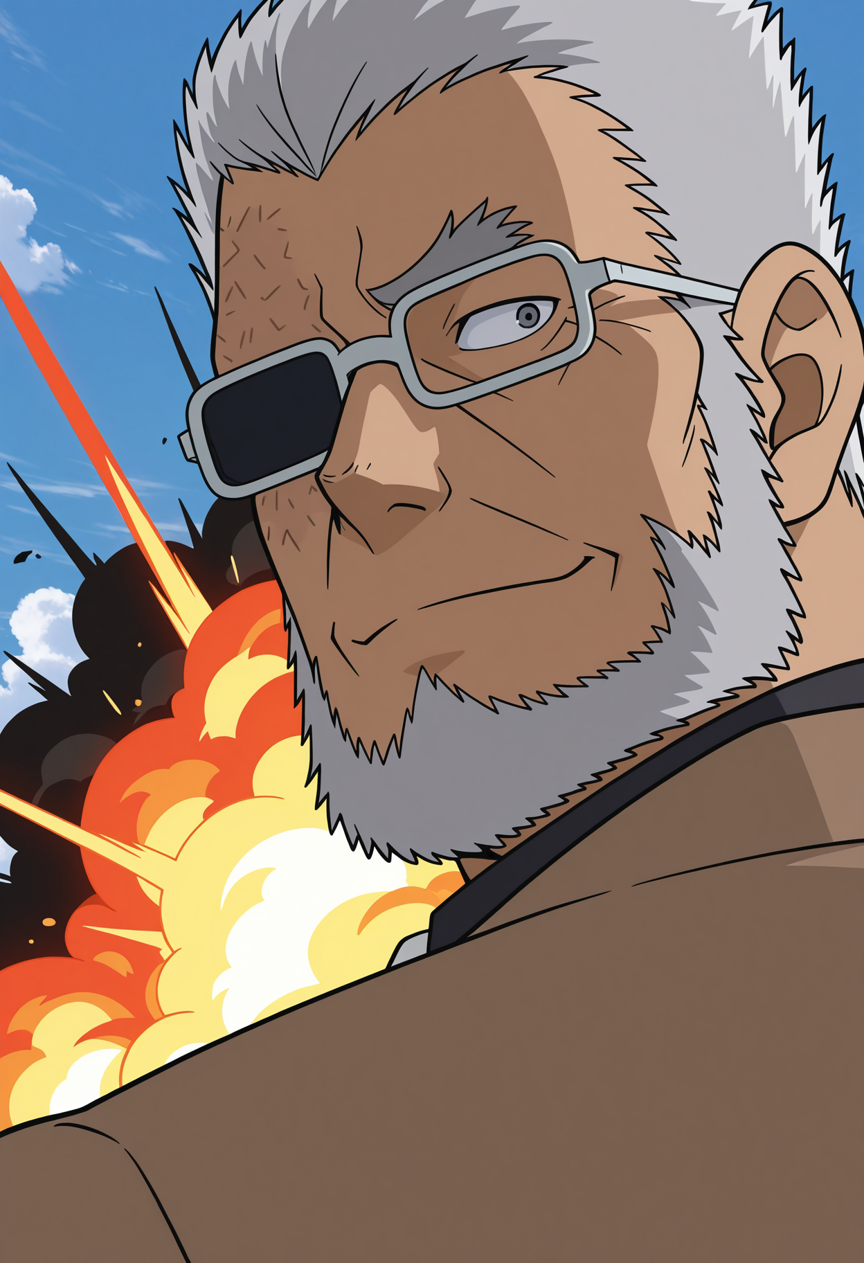 lazypos, 1boy, (close-up:1.5), light smile, looking back, from behind, outdoors, fire, explosion,
<lora:Kuroda_Hyoue_from_Detective_Conan_v1.0:1>,
kurodahyoue, mature male, grey hair, long sideburns, thick beard, thick eyebrows, forked eyebrows, glasses,
scar on face, burn scar, partially opaque glasses, single eyebrow,
brown suit, black shirt, collared shirt, white necktie,