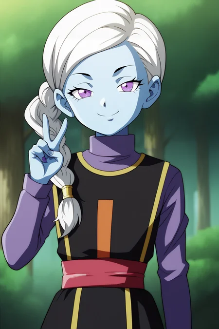 score_9, score_8_up, score_7_up, score_6_up, BREAK, KusuDBSPXL, colored skin, blue skin, purple eyes, white hair, single braid, side ponytail, long hair, flat chest, turtleneck, purple undershirt, long sleeves, black dress, red sash, underskirt, purple skirt, solo, front view, (portrait, upper body), peace sign, solo focus, seductive smile, looking at viewer, forest, tree <lora:KusuDBSPXL:1>