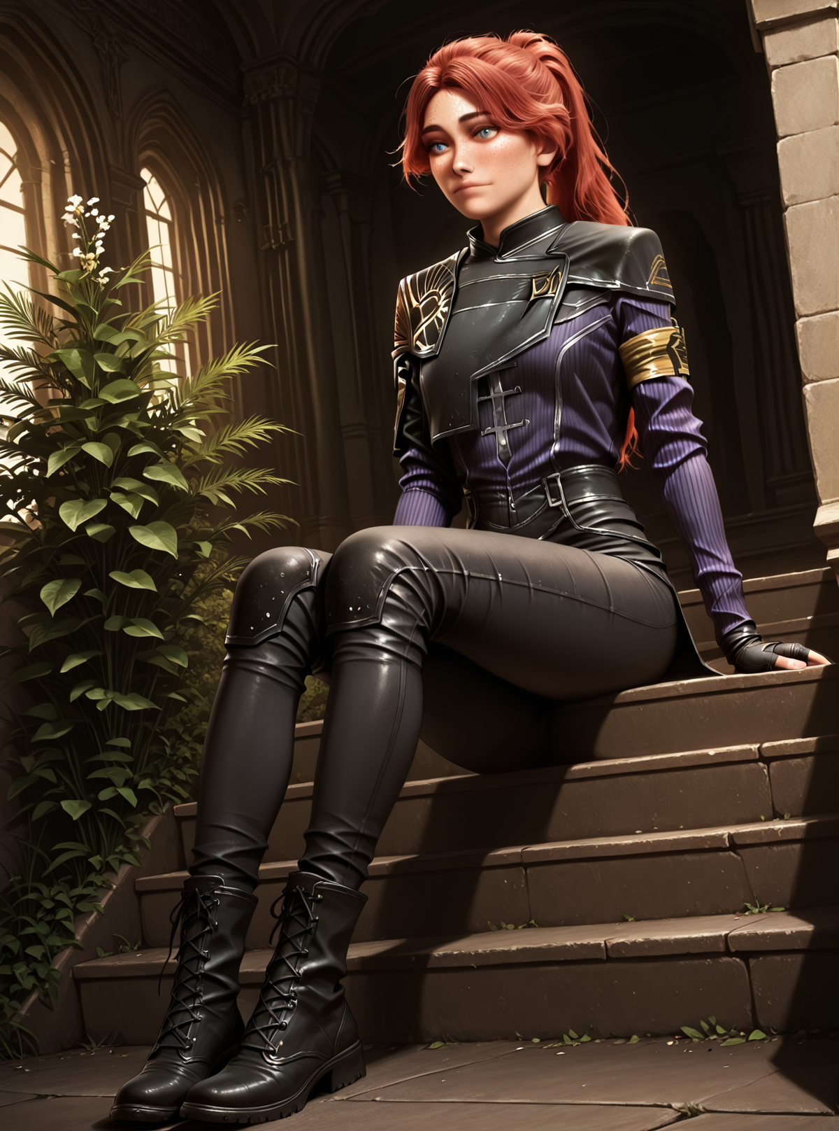 <lora:Maelle__Clair_Obscur_Expedition_33__Illustrious:1>
1 girl, solo, freckles, blue eyes, high cheekbones, narrow jaw, realistic face, long hair, red hair, high ponytail, parted bangs, messy strands,
dark bodysuit, black and purple outfit, long sleeves, gold shoulder armor, shoulder embroidery, geometric patterns, layered outfit, tight pants, tactical straps, fingerless gloves, glowing armband, sci-fi uniform, expedition insignia, 
score_9, score_8_up, score_7_up, very aesthetic, source_anime, detailed, high quality, beautiful, masterpiece, detailed eyes, mansion, plants, flowers, clouds, dynamic angle, full body, sitting on stairs