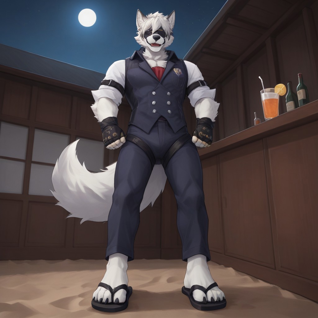 (((Barefoot furry character, full body, cinematic setting, furry male, plantigrade))) 
(((front view from below))) on Von Lycaon, muscular white wolf, in a (((yellow Hawaiian shirt))) with green or purple pattern, wearing long blue pants, goth accessories on outfit, nice feet paws with four toes and claws, feet towards the viewer, feet POV, (((brown flip-flops))), (((shoeplay))), (((his feet playing with flip-flops))), dynamic pose, smile, drinks whiskey, drunk, sleepy, on beach, near beach bar, (((night))), (((outdoors))), focus on feet paws, 
BREAK, intricate details, highly detailed, extreme detail, octane render, fine art, best quality, highres, (detailed face:1.5), ((full_body)), UHD, (((perfect hands))), low light, anime
