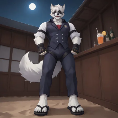 (((Barefoot furry character, full body, cinematic setting, furry male, plantigrade))) 
(((front view from below))) on Von Lycaon, muscular white wolf, in a (((yellow Hawaiian shirt))) with green or purple pattern, wearing long blue pants, goth accessories on outfit, nice feet paws with four toes and claws, feet towards the viewer, feet POV, (((brown flip-flops))), (((shoeplay))), (((his feet playing with flip-flops))), dynamic pose, smile, drinks whiskey, drunk, sleepy, on beach, near beach bar, (((night))), (((outdoors))), focus on feet paws, 
BREAK, intricate details, highly detailed, extreme detail, octane render, fine art, best quality, highres, (detailed face:1.5), ((full_body)), UHD, (((perfect hands))), low light, anime