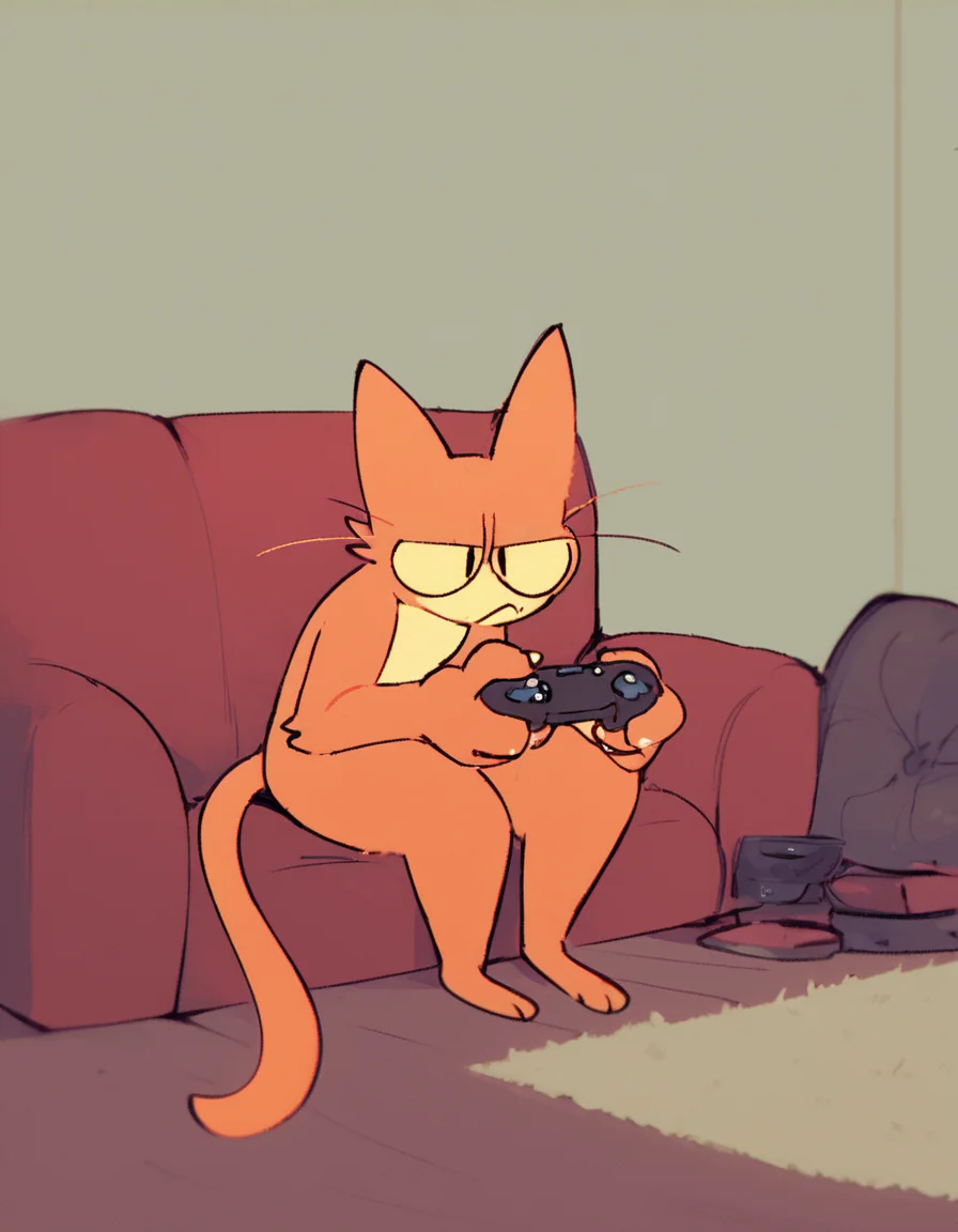 source_furry,
furry cat, orange fur, male, adult, sitting, red couch, leaning forward, controller, holding controller, focused, slight frown, whiskers, tail, living room,
<lora:squishy:1> 5qu15hy, score_9, score_8_up, score_7_up, score_6_up, score_5_up,