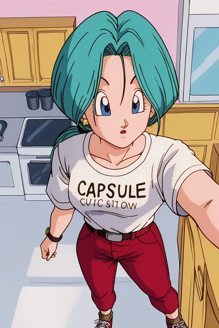 source_anime, score_9, score_8_up, score_7_up, anime screencap, high quality, 8k, absurdres, official style, 
bulma, future saga, long hair, low ponytail, blue eyes, aqua hair
collarbone, white shirt, print shirt, english text, wristwatch, short sleeves, belt, red pants, capri pants, socks,  brown legwear,  shoes,
indoors, kitchen, from above, selfie, 
 <lora:bulmaDBZ_pony_v2:0.8>