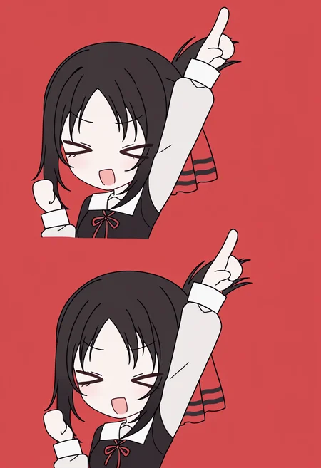 masterpiece, best quality, high resolution, source_anime, highly detailed illustration, detailed eyes,
very aesthetic, absurdres, newest, amazing quality,
<lora:shiRabbitHoleStyleConceptV1ill:1.25>,
shirbtlestyle, shi3view, multiple views, upper body, closed eyes, multicolored hair, :d, chibi, arm up, v-shaped eyebrows, > <, pointing, index finger raised, meme, clenched hand, one arm up,
1girl, solo, red background, simple background,
<lora:Shinomiya_Kaguya_Illustrious:0.8> shinomiya kaguya, black hair, red eyes, hair ribbon, folded ponytail, shuuchiin academy school uniform, black dress, collared dress, neck ribbon, long sleeves