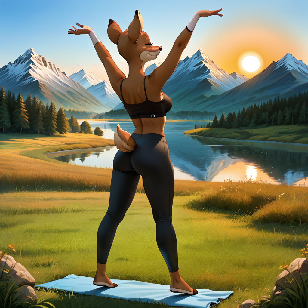 <lora:ZoeyRud98:1> <lora:StS_PonyXL_Detail_Slider_v1.4_iteration_3:3>,   zoey, reindeer, brown eyes, brown iris, black pupils, female, eyelashes, black nose, solo, (anthro), (behind view,) black crop top,  black yoga pants, (reindeer tail), arm stretching, (looking back, looking at viewer), brown iris, brown eyes, black pupils, outdoors, grassy field, sun, mountains, lake in background, (8k, sharp details, ultra quality, best quality, score_7, score_8, score_9,) curvy figure, butt, ((feet are unseen)) standing, smiling, mouth closed, brown feet,