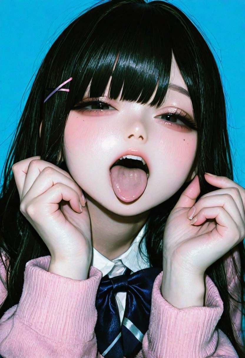 , raytracing, very awa, high resolution, official art, realistic, masterpiece, best quality, film grain, film still, realistic,photorealistic, super detailed skin, realistic skin, realistic human skin, realistic skin tones, Three-dimensional skin, (simple blue background:1.4), 
BREAK 
, korea girl cosplayers, taiwan girl cosplayers, japanese girl cosplayers, virtual youtuber, hololive, nijisanji.jp,  (ars almal:0.8), (suzuhara lulu:0.8), (houshou marine:0.8), 
BREAK 
, kawaii girl, jiraikei face, petite, front view, big eyes, looking at viewer, ((black hair)), ((long hair)), ((black eyes)), school uniform, half-closed eyes, 
BREAK 
(Pose:0.0), open mouth, half closed eyes, tongue out,
