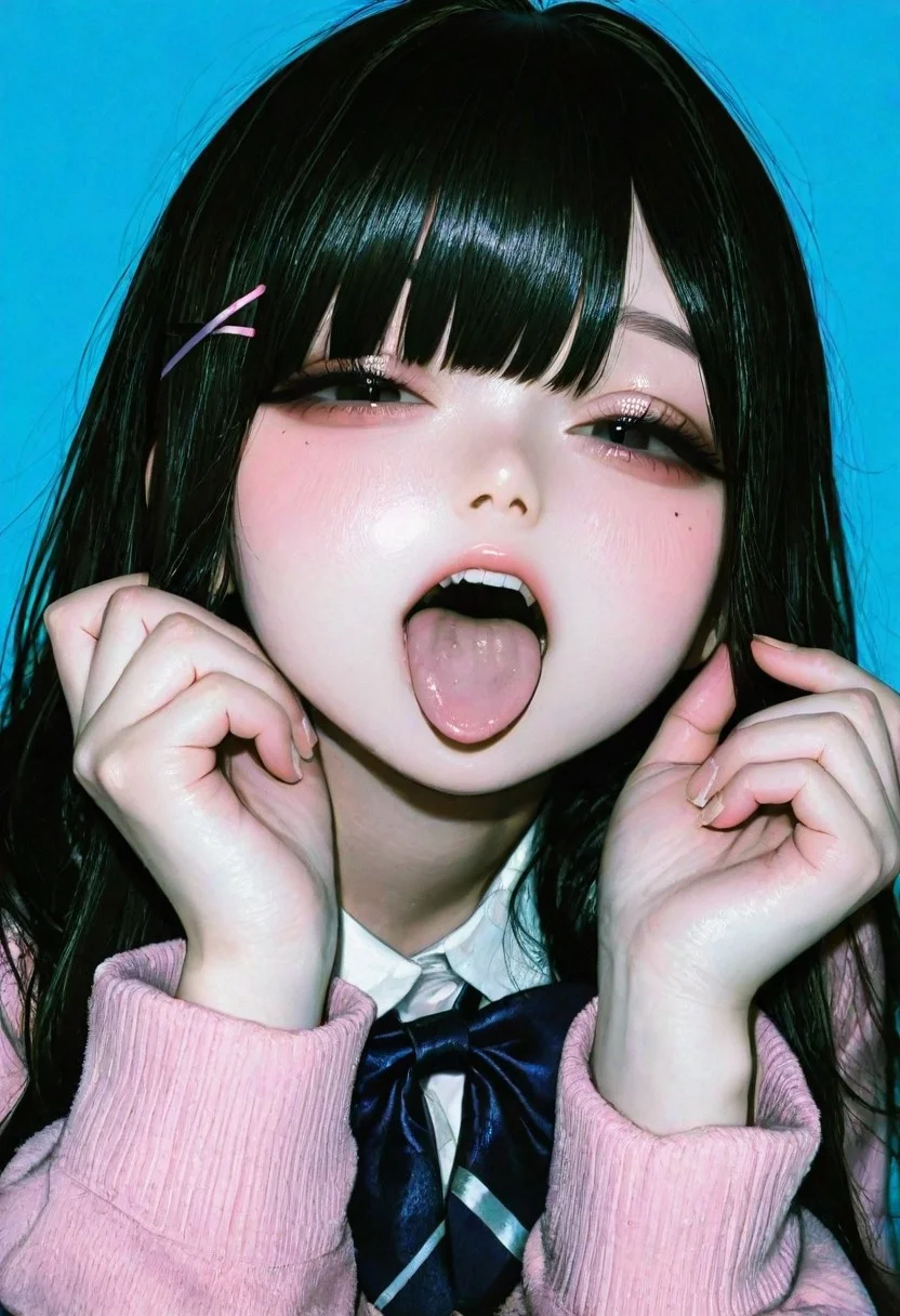 , raytracing, very awa, high resolution, official art, realistic, masterpiece, best quality, film grain, film still, realistic,photorealistic, super detailed skin, realistic skin, realistic human skin, realistic skin tones, Three-dimensional skin, (simple blue background:1.4),
BREAK
, korea girl cosplayers, taiwan girl cosplayers, japanese girl cosplayers, virtual youtuber, hololive, nijisanji.jp, (ars almal:0.8), (suzuhara lulu:0.8), (houshou marine:0.8),
BREAK
, kawaii girl, jiraikei face, petite, front view, big eyes, looking at viewer, ((black hair)), ((long hair)), ((black eyes)), school uniform, half-closed eyes,
BREAK
(Pose:0.0), open mouth, half closed eyes, tongue out,