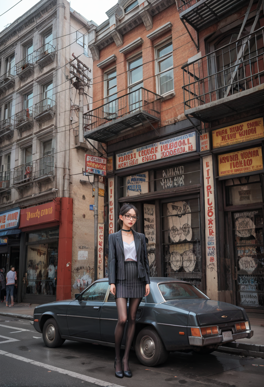 ,ruanyi0877,street,outdoors,building,car,
,ruanyi0856,striped jacket,choker,black pantyhose,striped skirt,glasses,black skirt,pinstripe pattern,cowboy shot,<lora:0877 street car_v1_pony:0.8>,<lora:0856 OL professional suit skirt 1_v1_pony:0.7>, score_9,score_8_up,score_7_up,,8k,1girl,solo,,