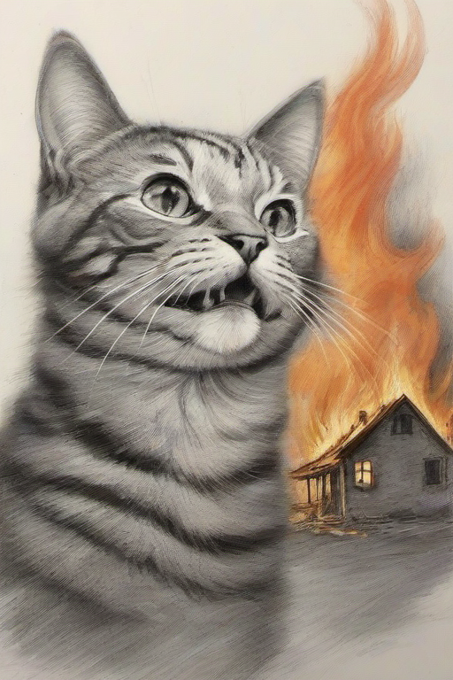 <lora:PE_PencilDrawing:0.8> PEPencilDrawing,
cat smiling,burning destroyed house in the background,flame fire explosion,