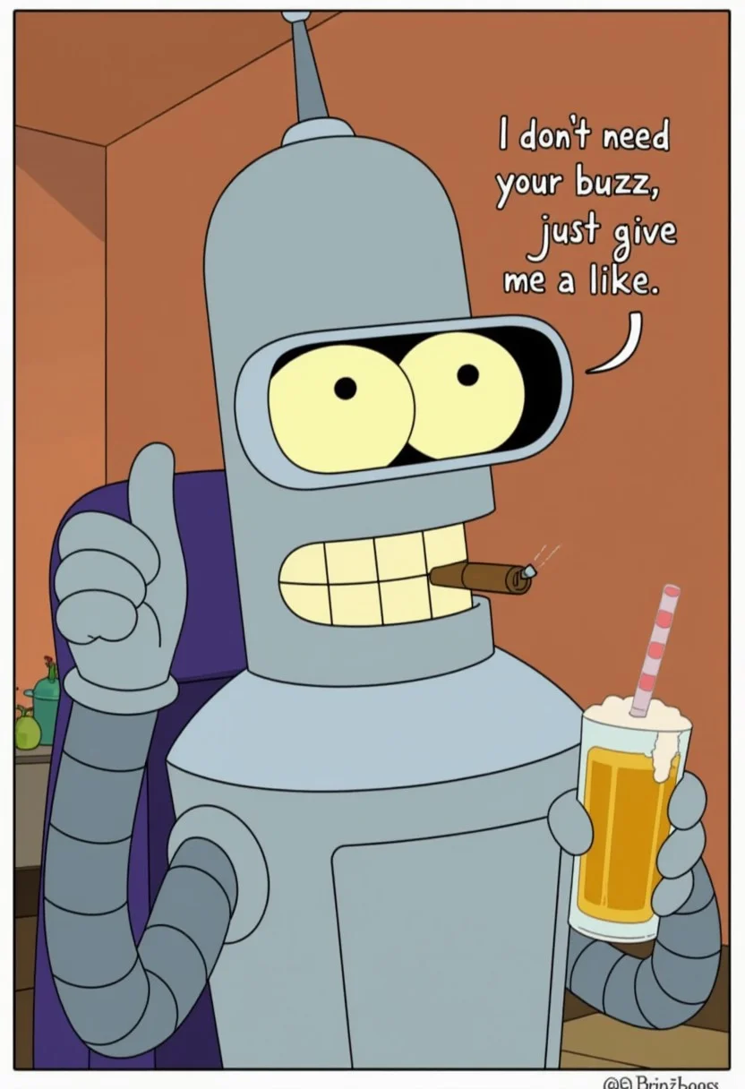 Bender looks at the camera and says, "I don't need your buzz SuchBuzzLogo, just give me a like." He gives a thumbs up with one hand and a big smile, and in his other hand he has a beer. He has a cigar in his mouth