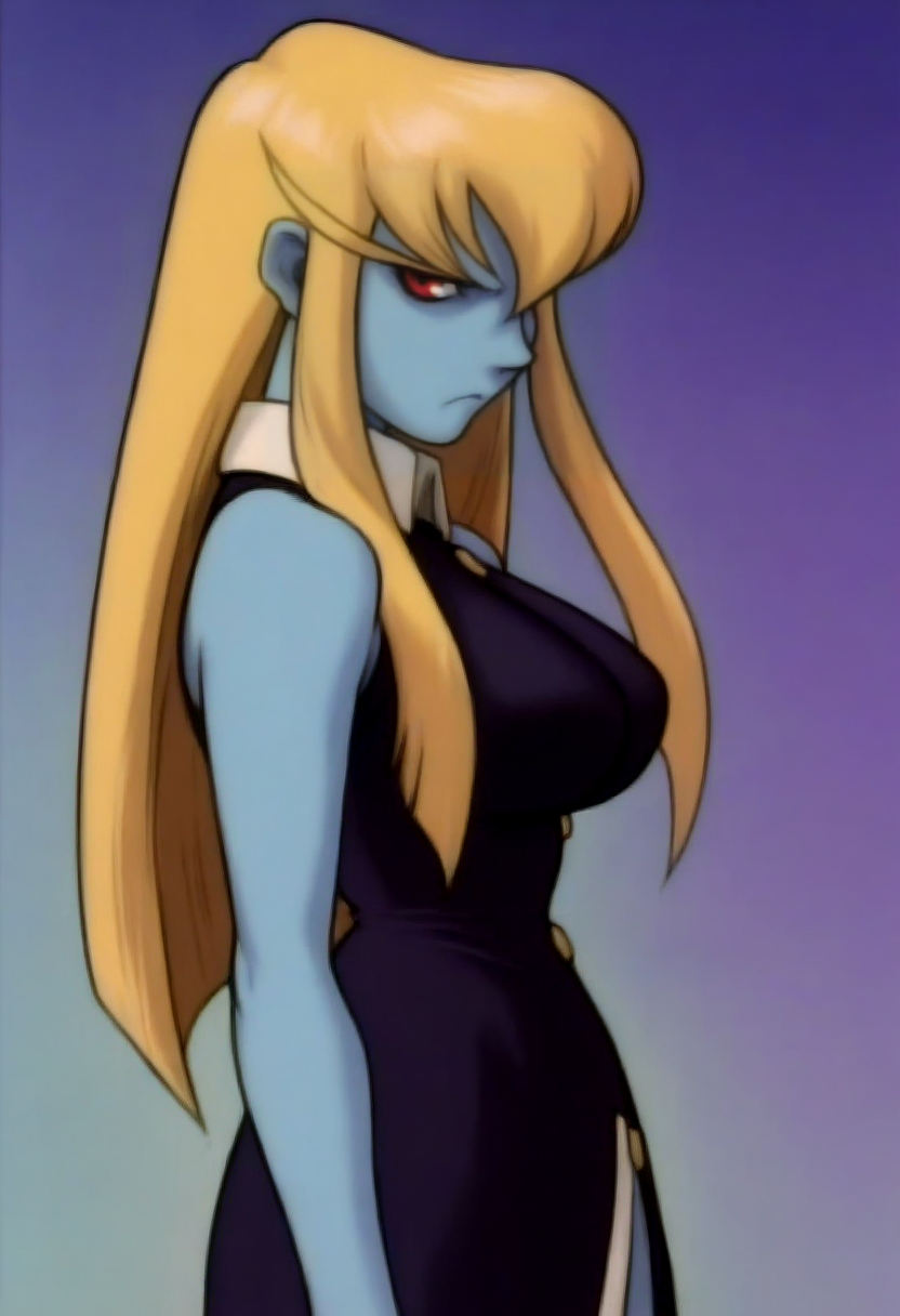 masterpiece, best quality, solo, looking at viewer, 1girl, annoyed, <lora:Darkstalkers-Ova-illus_Fp:1>, 1990s \(style\), retro artstyle,  <lora:Jedah-illus_Fp:1>, jedahmb, blue skin, red eyes, blonde hair, long hair, black dress, sleeveless, collared dress, large breasts, side slit, from side,