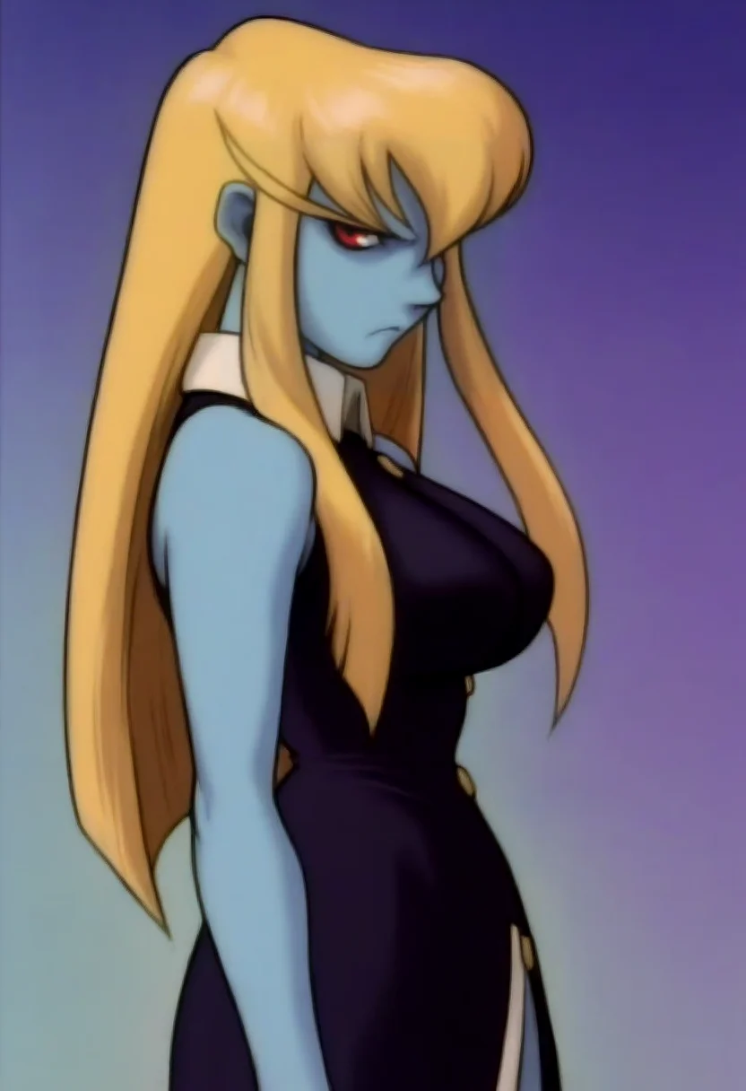 masterpiece, best quality, solo, looking at viewer, 1girl, annoyed, <lora:Darkstalkers-Ova-illus_Fp:1>, 1990s \(style\), retro artstyle, <lora:Jedah-illus_Fp:1>, jedahmb, blue skin, red eyes, blonde hair, long hair, black dress, sleeveless, collared dress, large breasts, side slit, from side,