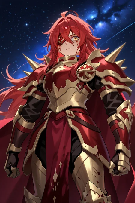 <lora:GulcasaIL:0.8> , guldef, (1boy), red hair, long hair, hair between eyes, yellow eyes, armor, full armor, spikes, shoulder armor, one eye covered, shoulder spikes, cape, red cape, pauldrons, gauntlets, greaves, cowboy shot, serious expression, from below, looking at viewer, night, stars, cosmos, blood-stained face, blood-stained armor, solo, masterpiece, very aesthetic, absurdres, best quality, amazing quality, high resolution, detailed background, <lora:illustrious_quality_modifiers_masterpieces_v1:0.8> , <lora:ChamIllustriousBackgroundEnhancer:0.5>